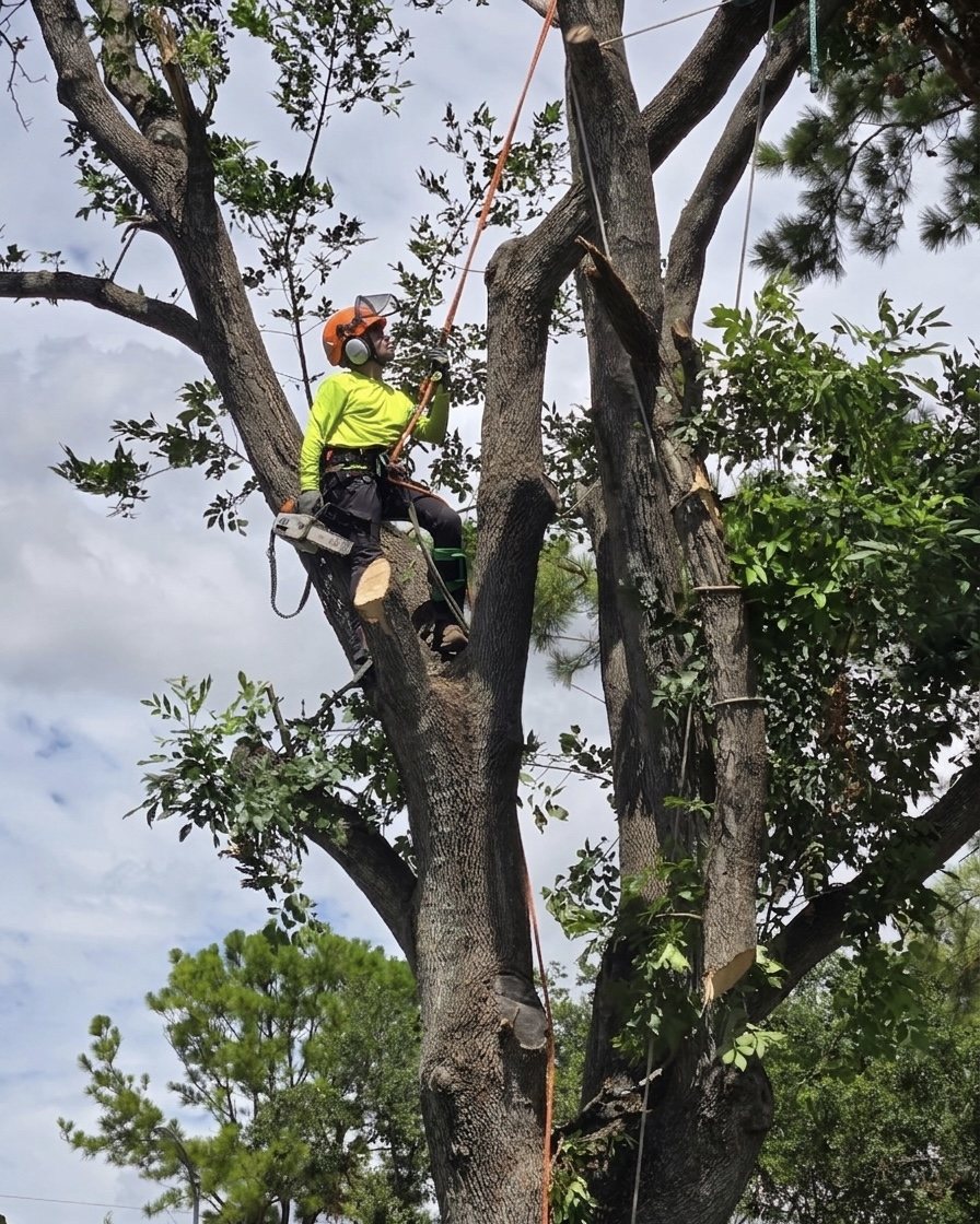 A climber in a helmet with face shield and ear protection, roped into the upper canopy of a large oak with a saw on the harness