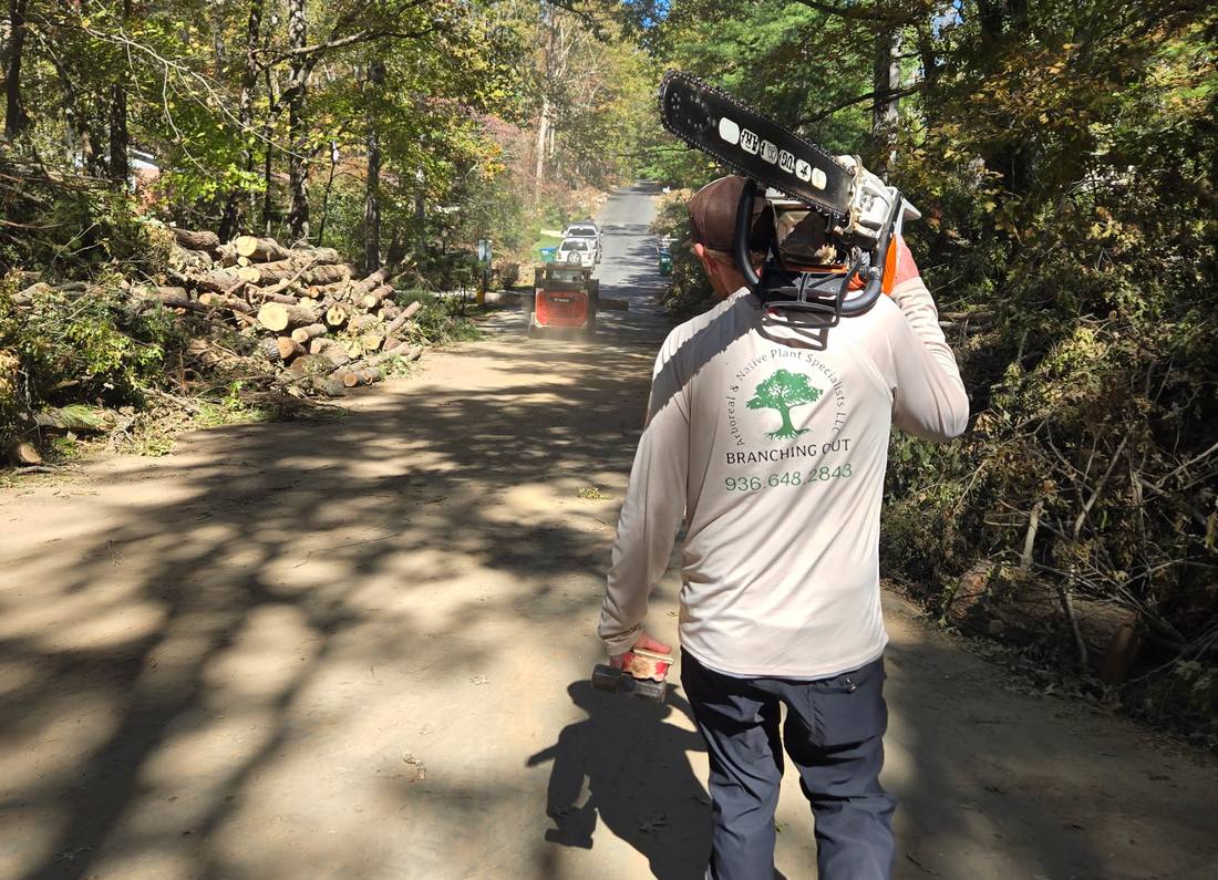 A Branching Out crew member carrying a chainsaw past storm debris stacked along a road